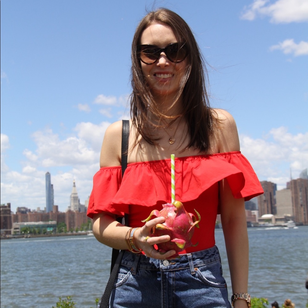 J Crew Off The Shoulder Red Ruffle Bodysuit - Picture 2 of 8